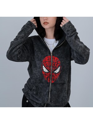 Touz Moda  Spider-Man Head Baskılı Vintage Yıkamalı Full Zip Detail Unisex Oversize Kapüşonlu Hırka