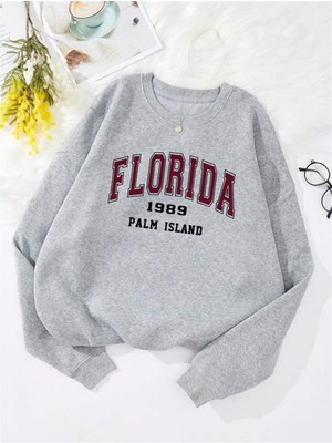 Touz Moda  Florida Baskılı Gri Unisex Oversize Bisiklet Yaka Sweatshirt