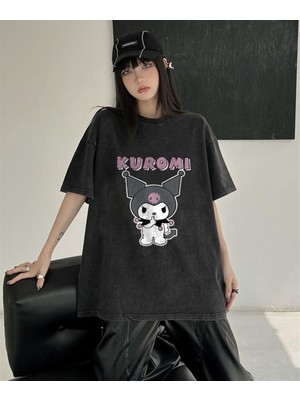 Touz Moda  Kuromi Be Quiet Baskılı Vintage Yıkamalı Unisex Oversize Eskitme T-Shirt