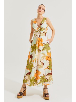 Setre Haki Bej Kemer Detaylı Elbise