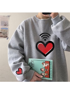 Touz Moda  Heart Signal Baskılı Gri Unisex Oversize Bisiklet Yaka Sweatshirt