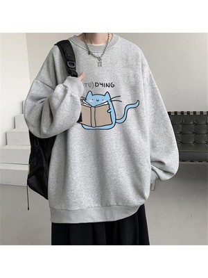 Touz Moda  Studying Baskılı Gri Unisex Oversize Bisiklet Yaka Sweatshirt