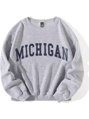 Touz Moda  Michigan Baskılı Gri Unisex Oversize Bisiklet Yaka Sweatshirt