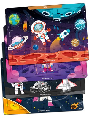 KutuTR Notpa Çocuklar Için Eğitici ve Öğretici Ahşap 24 Parça Renkli Puzzle Uzay Serisi 4lü Set 14