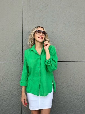 Leilaa Yeşil Keten Gömlek Yeşil - M