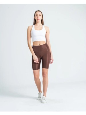 Butik İncebelli Kadın Yüksek Bel Dalgıç Kumaş Kısa Tayt Kahverengi