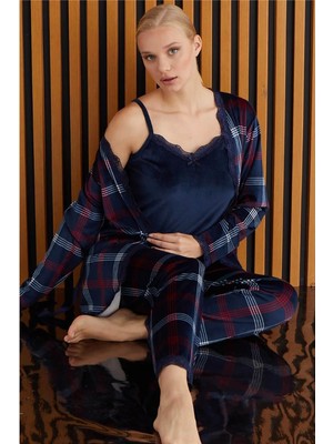 Pijama Evi Lacivert Scotch Exclusive Kadife Sabahlıklı Kadın Pijama Takımı 