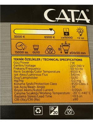 Cata CT-4215 7W 6500K (Beyaz Işık) GU10 Duylu Spot LED Ampul