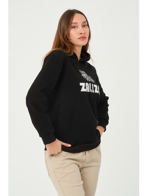 Zalizo Kadın Kapüşonlu 3 Iplik Şardonlu Siyah Sweatshirt