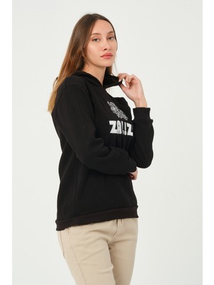 Zalizo Kadın Kapüşonlu 3 Iplik Şardonlu Siyah Sweatshirt