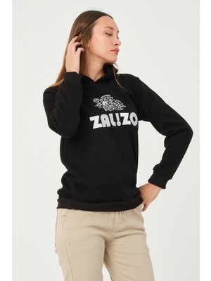 Zalizo Kadın Kapüşonlu 3 Iplik Şardonlu Siyah Sweatshirt