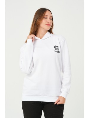 Zalizo Kadın Kapüşonlu 3 Iplik Şardonlu Beyaz Sweatshirt