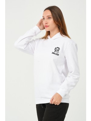 Zalizo Kadın Kapüşonlu 3 Iplik Şardonlu Beyaz Sweatshirt