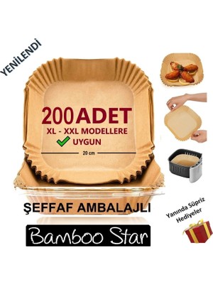 Bamboo Star Airfryer Pişirme Kağıdı Xl-Xxl Büyük Boy  Kare 200 Adet Hava Fritöz Parşömen Kağıdı Fırın Kağıdı Tek Kullanımlık Hava Fritöz Kağıt Fırın Sıcak Hava Fritöz Pişirme Kızartma Tavası Için Uygun 20CM