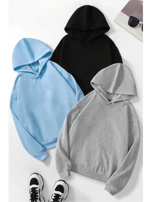 Only Trendwear Düz 3' Lü Baskısız Kapüşonlu Oversize Sweatshirt