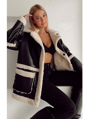 Zf Butik Kadın Siyah Peluş Cep Içi Kürklü Deri Mont