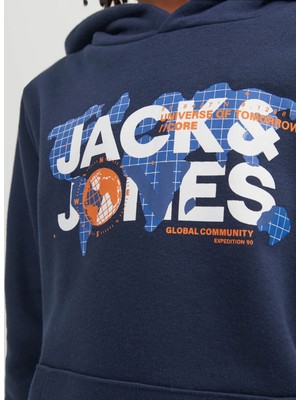 Jack & Jones Lacivert Erkek Çocuk Kapüşonlu Uzun Kollu Baskılı Sweatshirt Jcodust Sweat Hood Sn Jnr