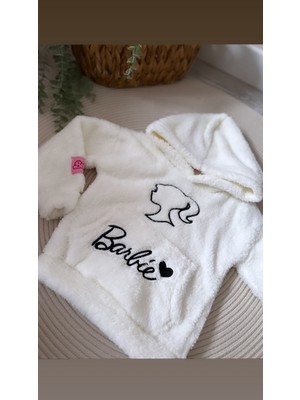 Baby Mini Elf Barbie Nakışlı Kapişonlu Beyaz Rengi Peluş Sweat