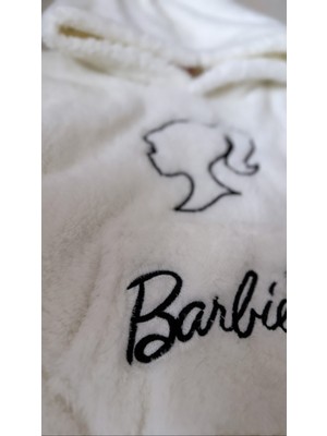 Baby Mini Elf Barbie Nakışlı Kapişonlu Beyaz Rengi Peluş Sweat