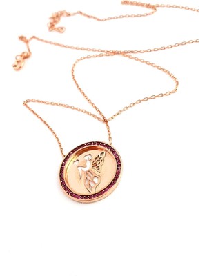 Ose Shop Pembe Zirkon Taşlı 925AYAR Gümüş Üzerine Rose Altın Kaplama Su Perisi Figürlü Madalyon Kolye