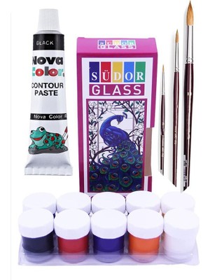 Artlantis Cam Boyası 10 Renk 15 ml ve Siyah Kontur Boyası 1 Paket Fırça 3 Adet Cam Vitray Boyama Seti Cam Boyama Seti