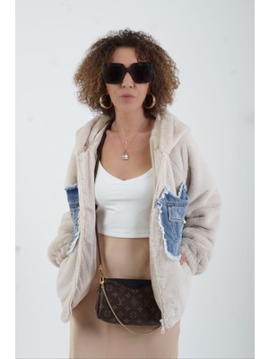 Zelish My Sister Bej Denim Cepli Suni Kürk Mont