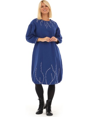 Midi Pazen Saks Sarmaşık Işlemeli Sonbahar Kış Elbise