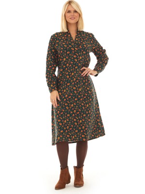 Midi Pazen Yeşil Çiçek Detay Midi Sonbahar Kış Elbise