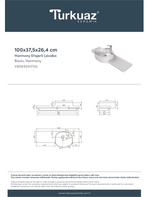 Turkuaz Seramik Harmony 100 cm Etajerli Lavabo (Soldan Hazneli)