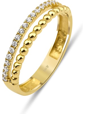Kairos Jewelry 14 Ayar Altın Yarımtur Çift Sıra Yüzük KRS151-14GRZ