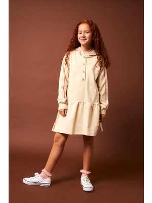 Perendi Biye Detaylı Kapüşonlu Kız Çocuk Elbise Taş