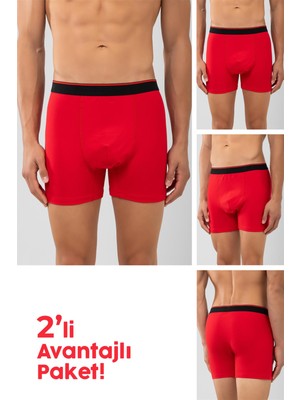Baykar Pamuklu Siyah Şeritli Likralı Klasik Erkek Boxer 2'li Paket Kırmızı