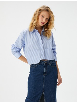 Koton Crop Gömlek Uzun Kollu Asimetrik Kesim Cepli Pamuklu