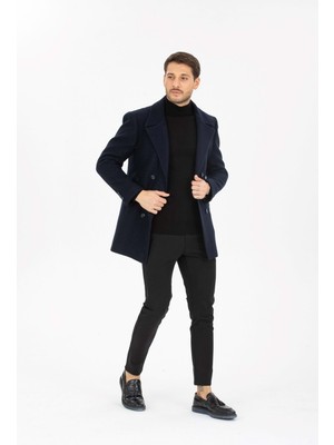 Vito Andolini Lacivert Kaşmir Slim Fit Kruvaze Erkek Kısa Palto