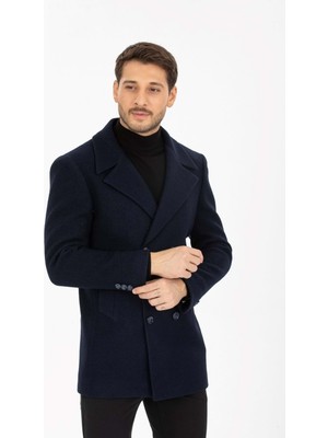 Vito Andolini Lacivert Kaşmir Slim Fit Kruvaze Erkek Kısa Palto