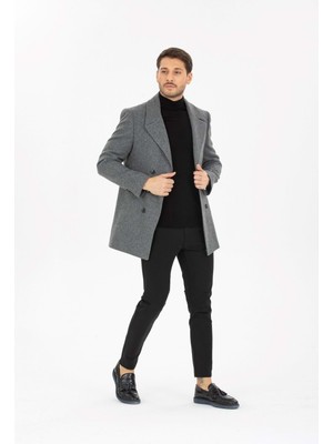 Vito Andolini Gri Desenli Kaşmir Slim Fit Kruvaze Erkek Kısa Palto