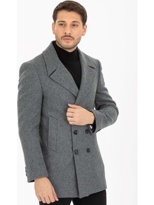 Vito Andolini Gri Desenli Kaşmir Slim Fit Kruvaze Erkek Kısa Palto