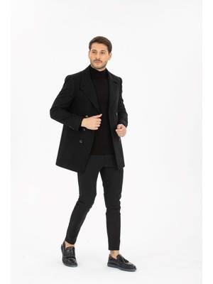 Vito Andolini Siyah Desenli Kaşmir Slim Fit Kruvaze Erkek Kısa Palto