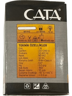 Cata CT-4071 1W (Beyaz Işık) E27 Duylu Top Gece LED Ampul (4 Adet)