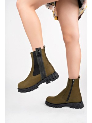 Tarçın Ayakkabı Hakiki Deri Haki Nubuk Kadın Deri Bot TRC73-6001