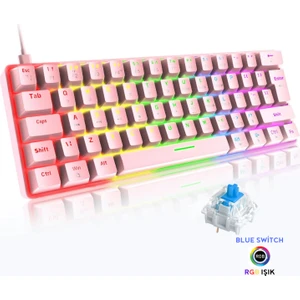 Blue Switch Mekanik Mini 62 Tuşlu Rgb Gaming Oyuncu Klavyesi - Pembe