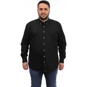 Erkek Büyük Beden Siyah Pamuk Düğmeli Yaka Cepli Uzun Kol Gömlek