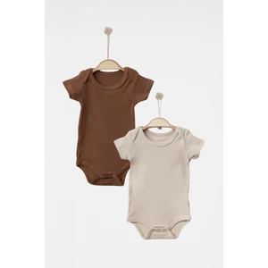 Bisiklet Yakalı  Pamuklu Kahverengi ve Bej Unisex Basic Kısa Kollu Çıtçıtlı 2’li Bebek Badi