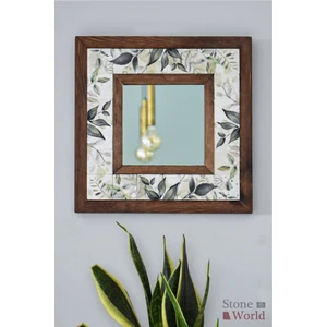 Stone World El Yapımı Masif Ahşap & Çiçek Desenli Mermer Duvar Aynası – 34x34 cm | Model: 065.1