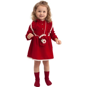 Kız Çocuk Çantalı ve Dantelli  Sonbahar ve Kışlık Kırmızı Salopet Elbise ( 2-3-4-5 Yaş)