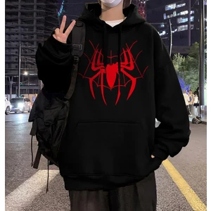 Touz Moda Red Spider Web Baskılı Siyah Oversize Kapüşonlu Sweatshirt