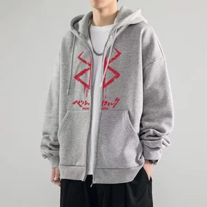 Touz Moda Berserk Logo Baskılı Oversize Fermuarlı Gri Kapüşonlu Hırka