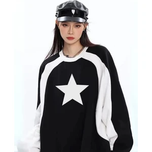 Touz Moda  Y2K Streetwear Star Baskılı Siyah Unisex Oversize Bisiklet Yaka Sweatshirt