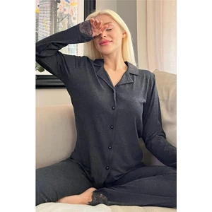 Pijama Evi Siyah Önden Düğmeli Bambu Uzun Kol Pijama Takımı