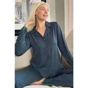 Pijama Evi Yeşil Önden Düğmeli Bambu Uzun Kol Pijama Takımı